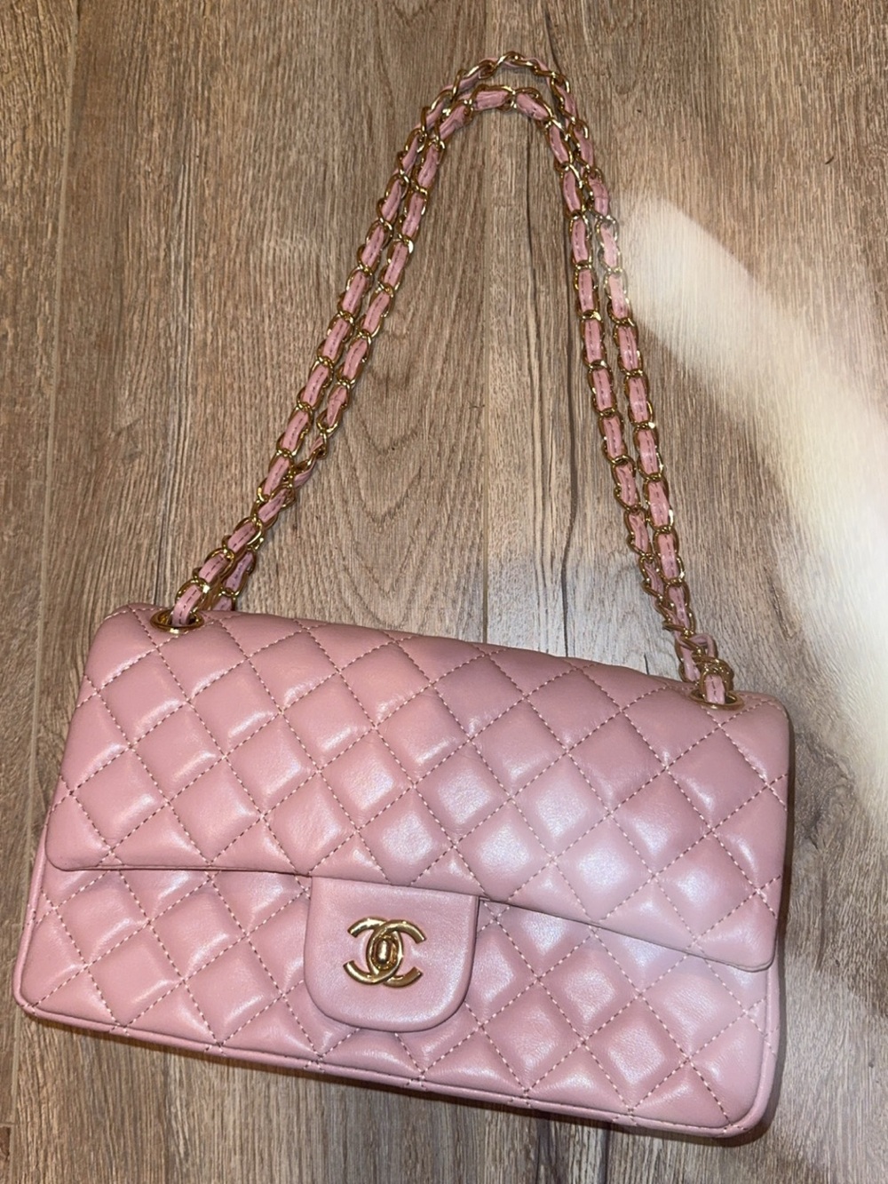 CHANEL Pink Quilted Leather Flap Shoulder Bag with Gold Chain